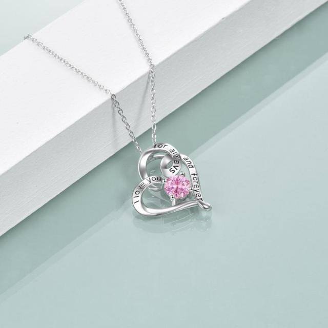 Sterling Silver Circular Shaped Cubic Zirconia Personalized Birthstone & Heart Pendant Necklace with Engraved Word-2