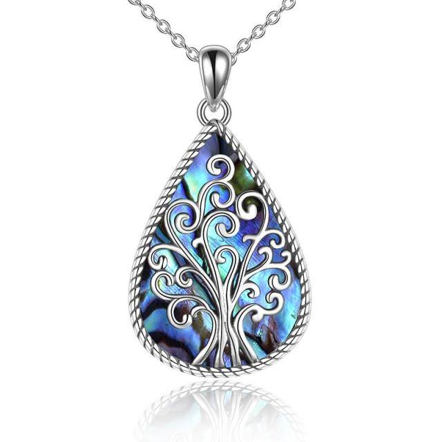 Sterling Silver Abalone Shellfish Tree Of Life & Drop Shape Pendant Necklace-5