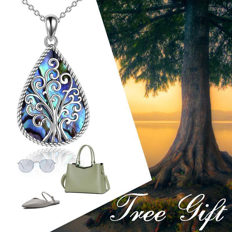 Sterling Silver Abalone Shellfish Tree Of Life & Drop Shape Pendant Necklace-6