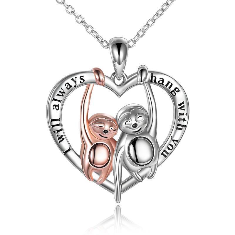 Sterling Silver Two-tone Sloth & Heart Pendant Necklace with Engraved Word-1