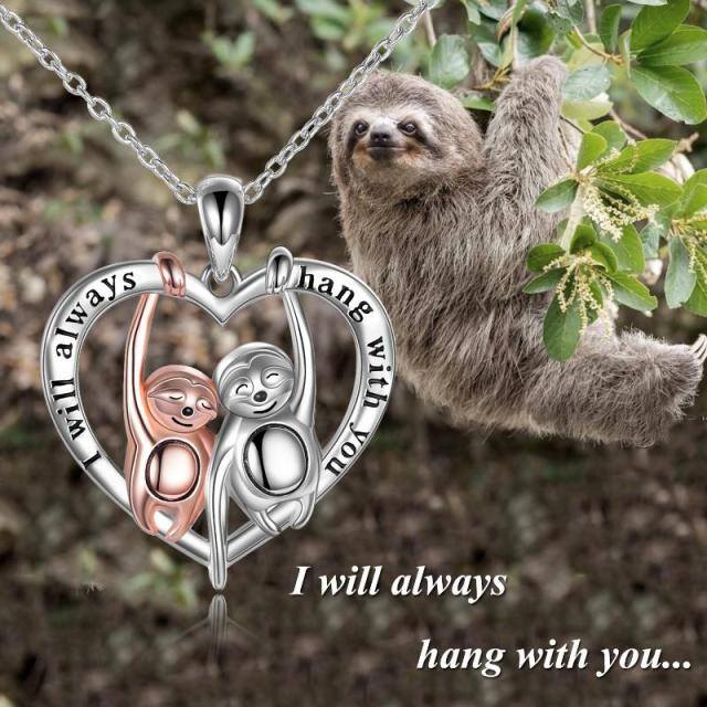Sterling Silver Two-tone Sloth & Heart Pendant Necklace with Engraved Word-5