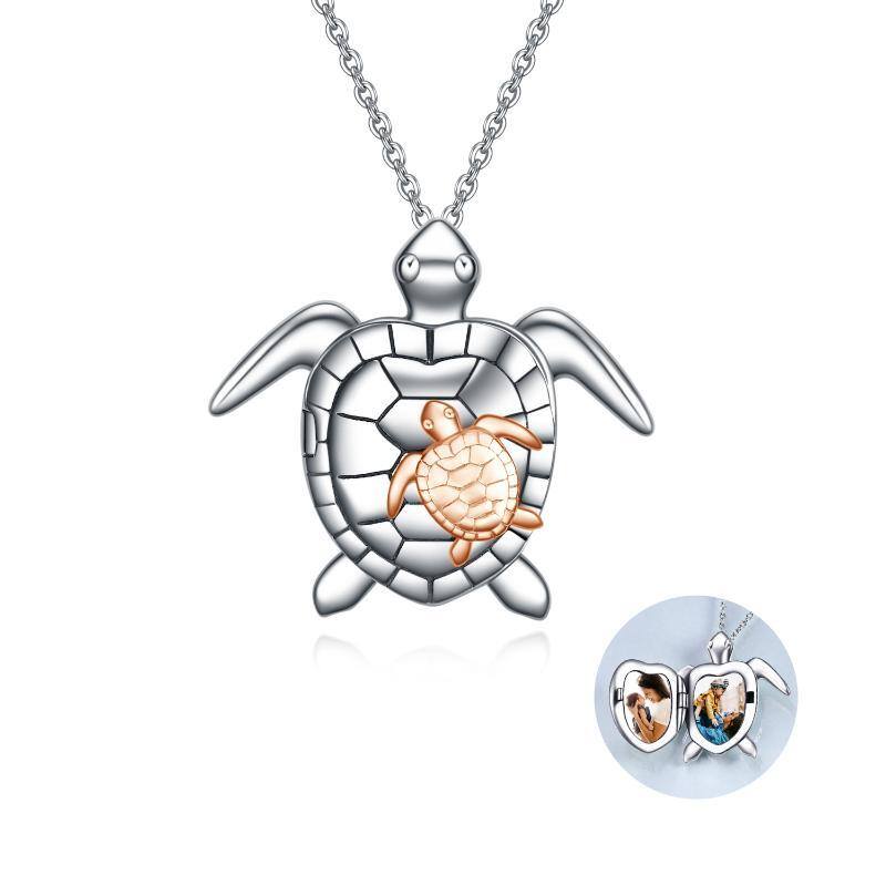 Sterling Silver Two-tone Sea Turtle Personalized Photo Locket Necklace-1