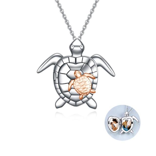 Sterling Silver Two-tone Sea Turtle Personalized Photo Locket Necklace-0