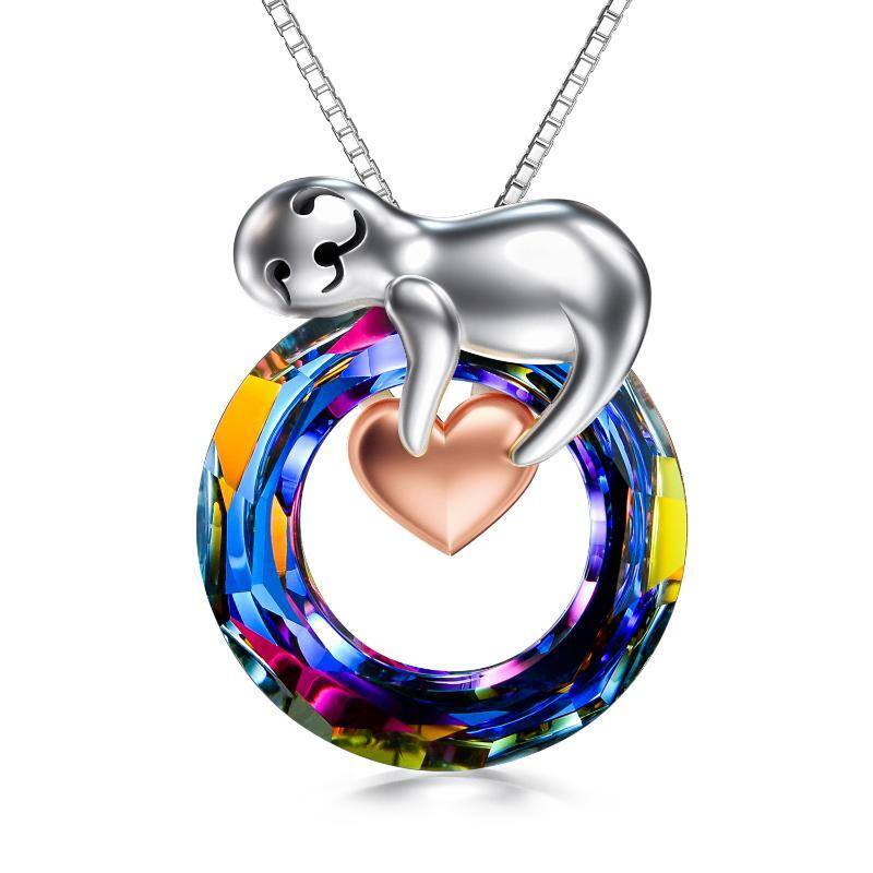 Sterling Silver Two-tone Circular Shaped Sloth & Heart Crystal Pendant Necklace-1