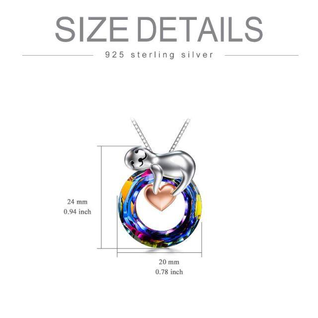 Sterling Silver Two-tone Circular Shaped Sloth & Heart Crystal Pendant Necklace-5