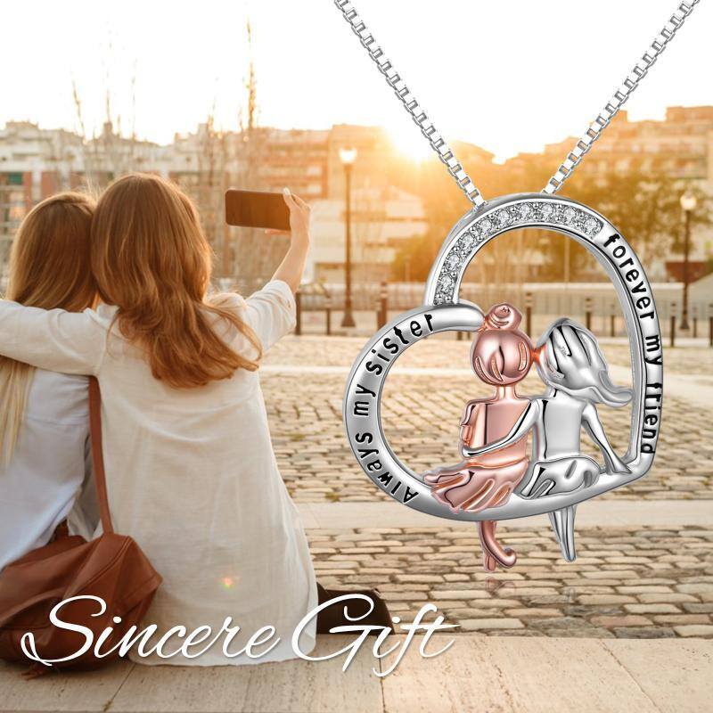 Sterling Silver Two-tone Round Crystal Sisters & Heart Pendant Necklace with Engraved Word-6