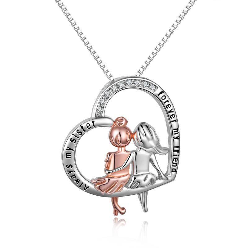 Sterling Silver Two-tone Round Crystal Sisters & Heart Pendant Necklace with Engraved Word-1