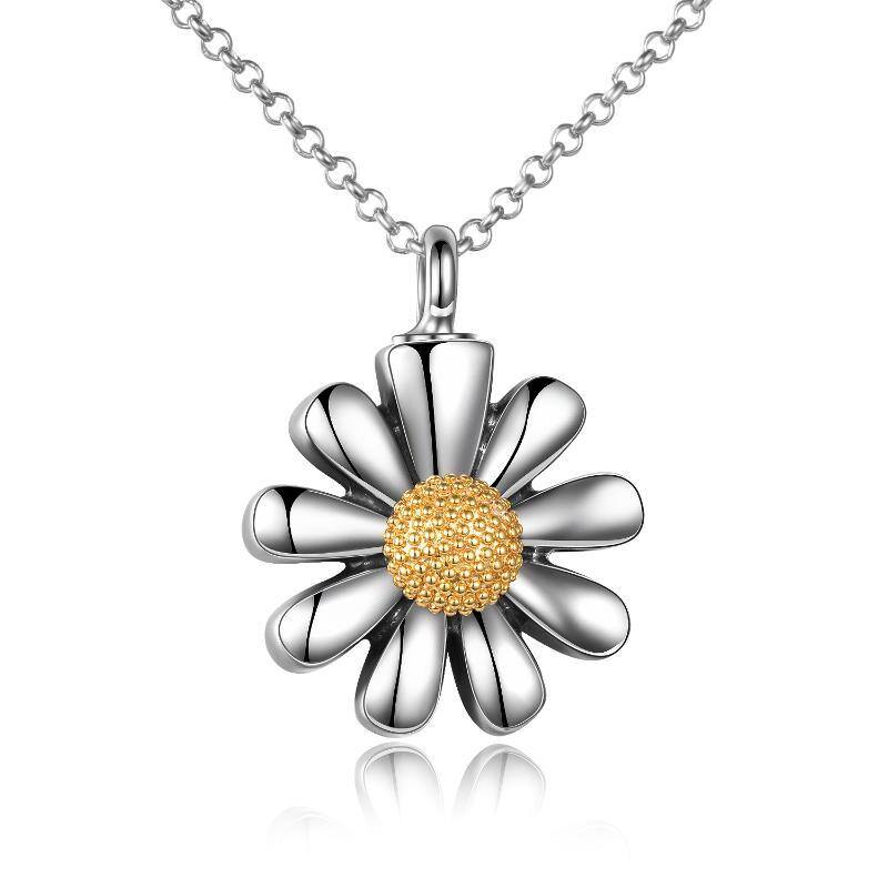 Sterling Silver Two-tone Daisy Urn Necklace for Ashes with Rolo Chain-1