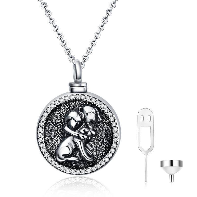 Sterling Silver Circular Shaped Cubic Zirconia Dog Urn Necklace for Ashes-1