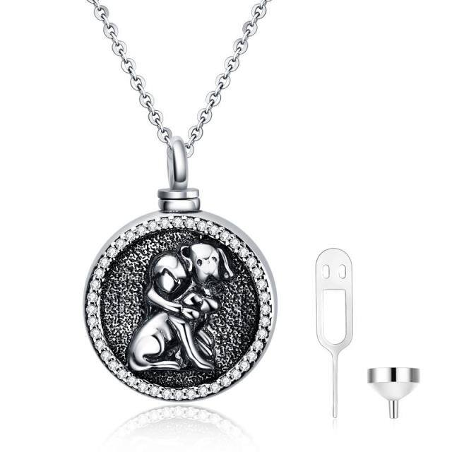 Sterling Silver Circular Shaped Cubic Zirconia Dog Urn Necklace for Ashes-0