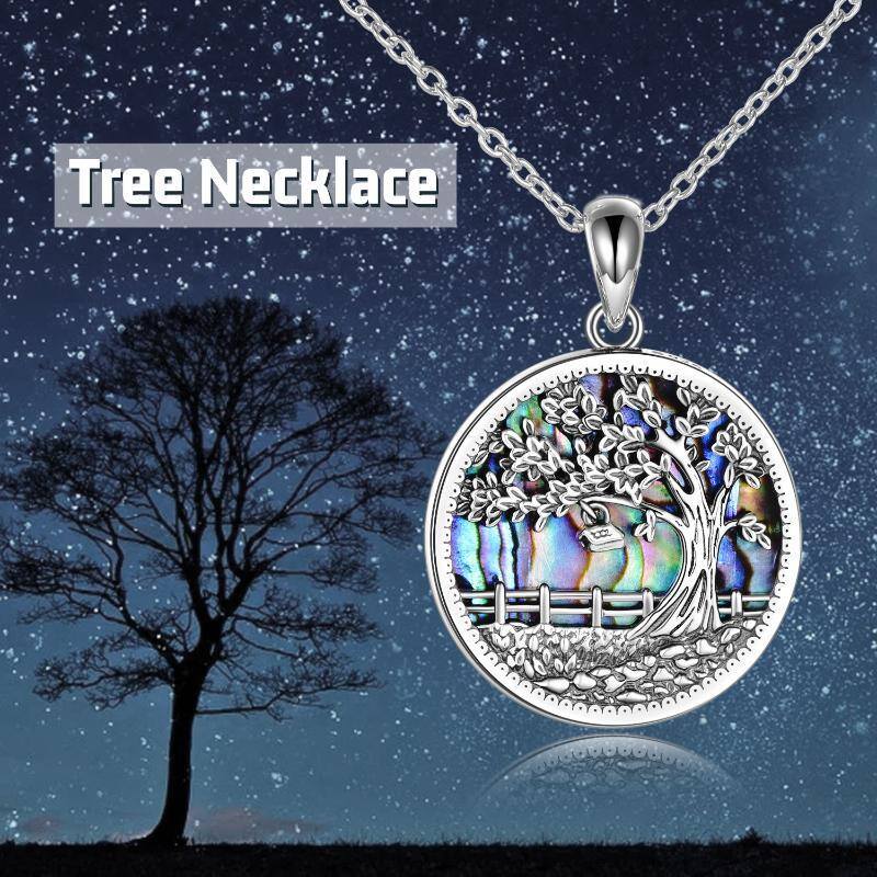 Sterling Silver Circular Shaped Abalone Shellfish Tree Of Life Pendant Necklace-6