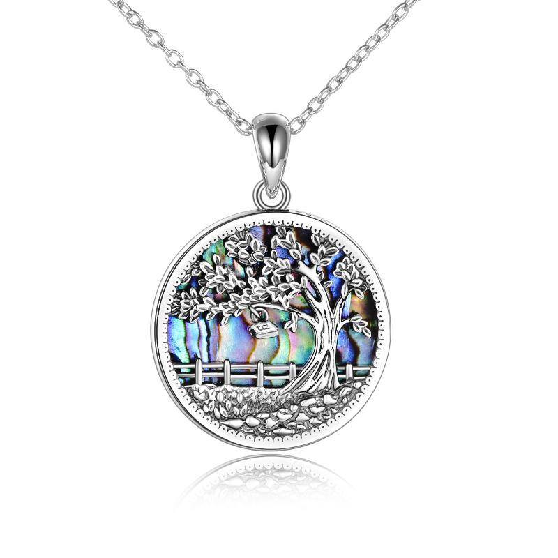 Sterling Silver Circular Shaped Abalone Shellfish Tree Of Life Pendant Necklace-1