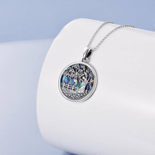Sterling Silver Circular Shaped Abalone Shellfish Tree Of Life Pendant Necklace-3