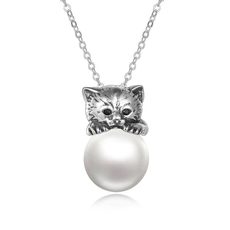 Sterling Silver Pearl Cat Necklace for Women