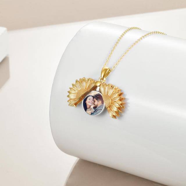 Colar com medalhão de foto personalizada de girassol em dois tons de prata esterlina-2