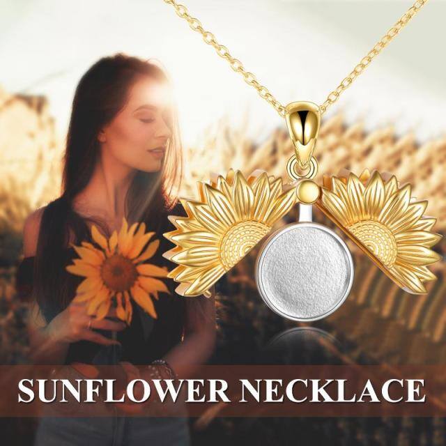 Collar con medallón con foto personalizada de girasol en dos tonos de plata de ley-6