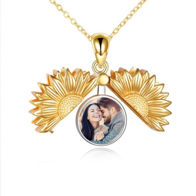 Sterling Silver Two-tone Sunflower & Personalized Photo Personalized Photo Locket Necklace-4