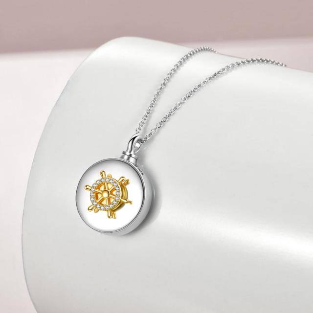 Sterling Silver Two-tone Circular Shaped Cubic Zirconia Rudder Urn Necklace for Ashes-3