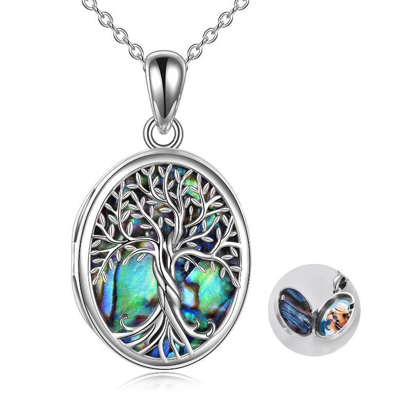 Sterling Silber Abalone Muscheln Baum des Lebens personalisierte Foto Medaillon Halskette-1