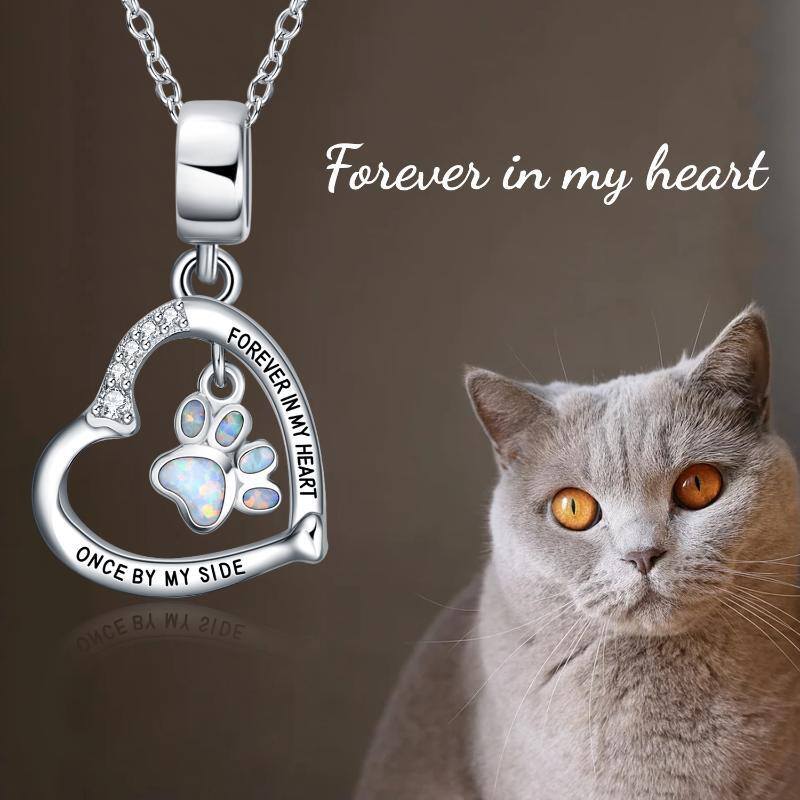 Sterling Silver Opal Paw & Heart Pendant Necklace with Engraved Word-6