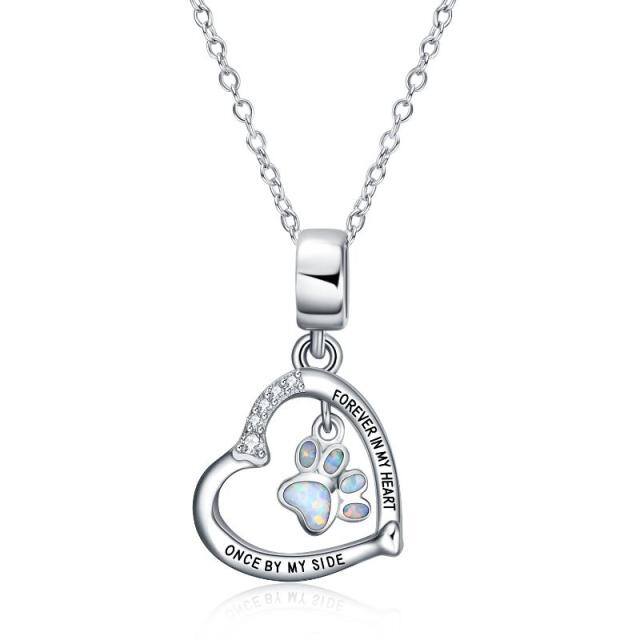 Sterling Silver Opal Paw & Heart Pendant Necklace with Engraved Word-0