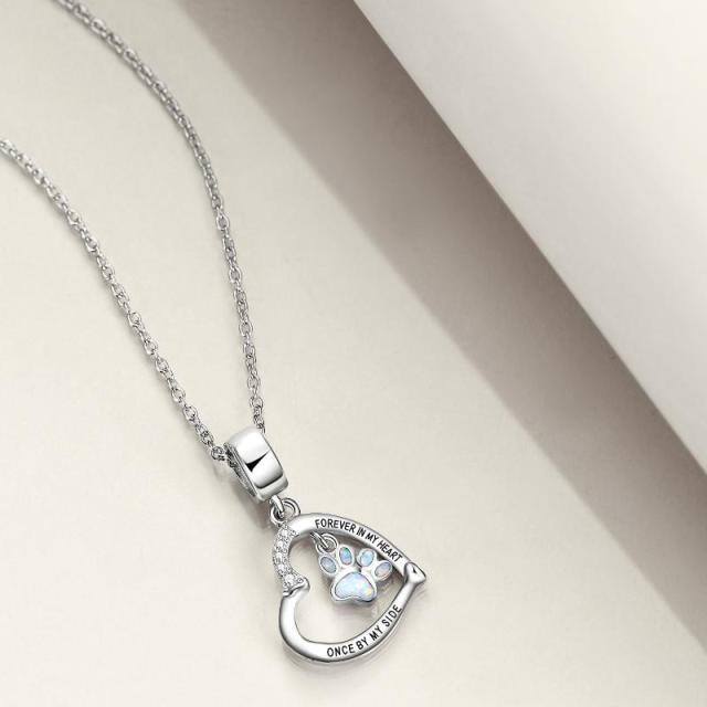 Sterling Silver Opal Paw & Heart Pendant Necklace with Engraved Word-3