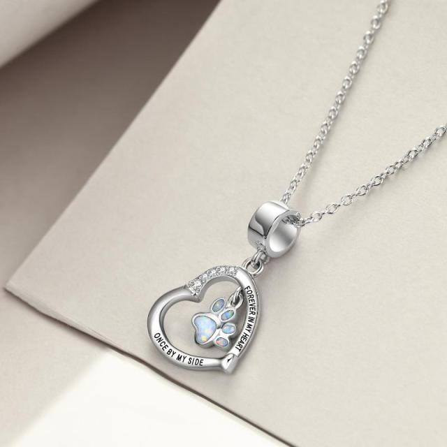 Sterling Silver Opal Paw & Heart Pendant Necklace with Engraved Word-2