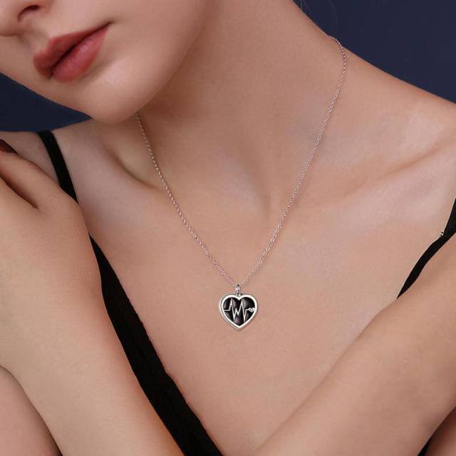 Sterling Silver Two-tone Electrocardiogram & Heart Urn Necklace for Ashes with Engraved Word-1