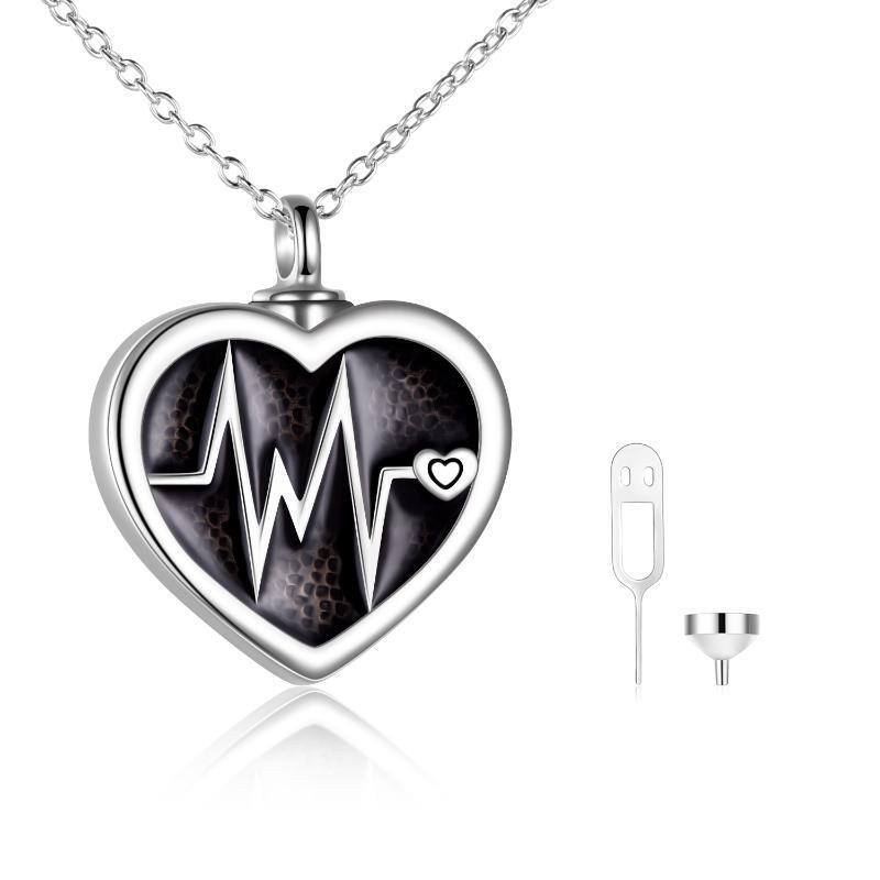 Sterling Silver Two-tone Electrocardiogram & Heart Urn Necklace for Ashes with Engraved Word-1