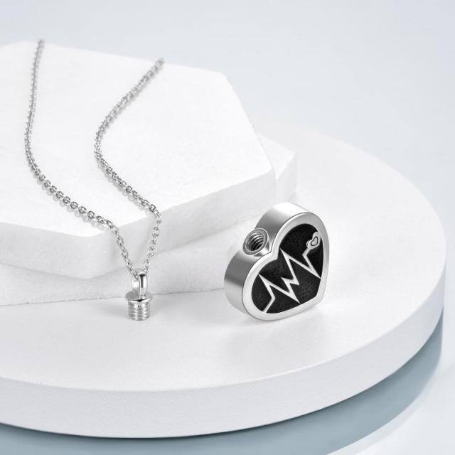 Sterling Silver Two-tone Electrocardiogram & Heart Urn Necklace for Ashes with Engraved Word-3
