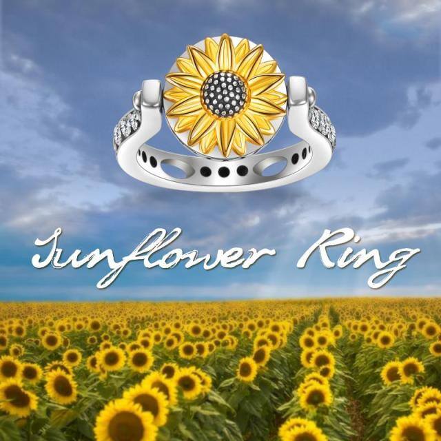 Sterling Silver Two-tone Cubic Zirconia Sunflower Pendant Necklace-7