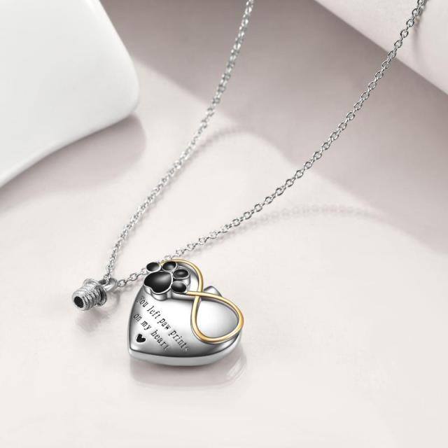 Sterling Silver Two-tone Paw & Heart & Infinity Symbol Urn Necklace for Ashes with Engraved Word-4