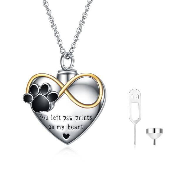 Sterling Silver Two-tone Paw & Heart & Infinity Symbol Urn Necklace for Ashes with Engraved Word-1