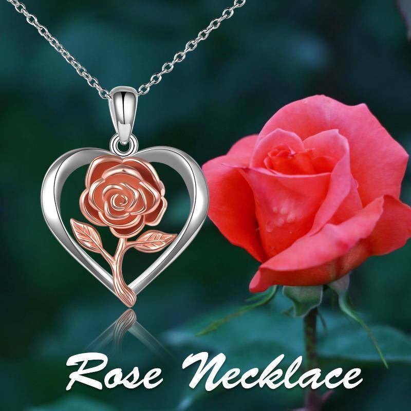 Sterling Silber zweifarbig Rose Blume & Herz Urne Halskette für Asche-6