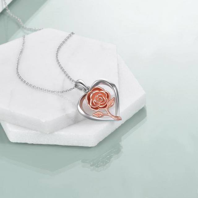 Sterling Silber zweifarbig Rose Blume & Herz Urne Halskette für Asche-2