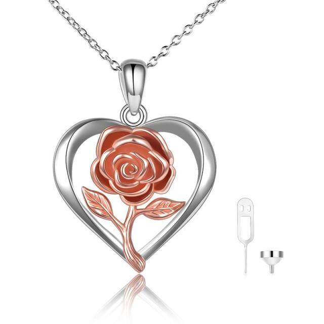 Sterling Silber zweifarbig Rose Blume & Herz Urne Halskette für Asche-0