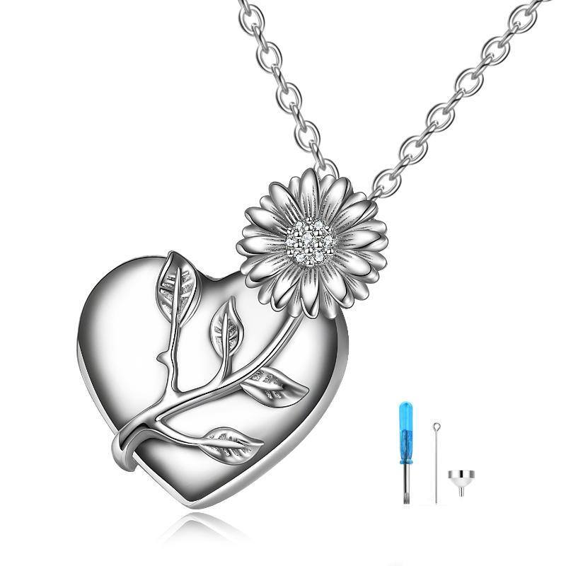 Sterling Silver Cubic Zirconia Sunflower & Heart Urn Necklace for Ashes with Engraved Word-1