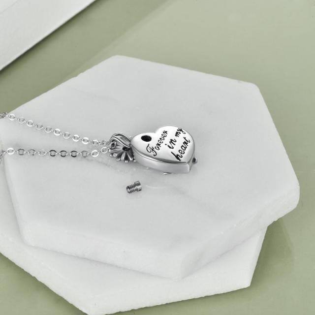 Sterling Silver Cubic Zirconia Sunflower & Heart Urn Necklace for Ashes with Engraved Word-2