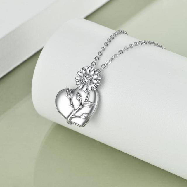 Sterling Silver Cubic Zirconia Sunflower & Heart Urn Necklace for Ashes with Engraved Word-3