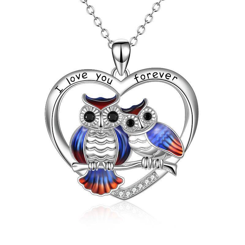 Sterling Silver Circular Shaped Owl & Heart Pendant Necklace with Engraved Word-1