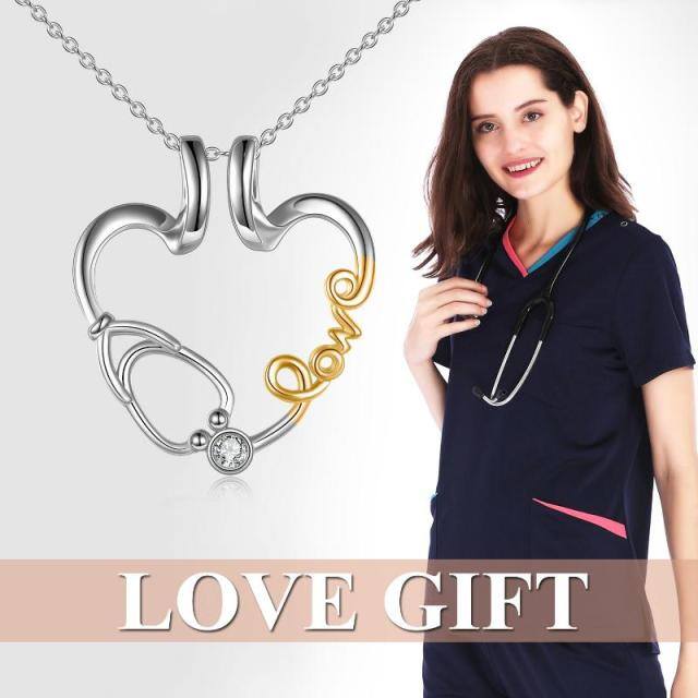 Sterling Silver Two-tone Cubic Zirconia Heart & Ring Holder & Stethoscope Pendant Necklace with Engraved Word-2