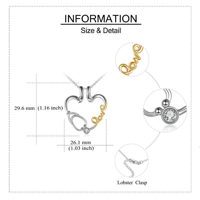 Sterling Silver Two-tone Cubic Zirconia Heart & Ring Holder & Stethoscope Pendant Necklace with Engraved Word-6