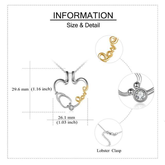 Sterling Silver Two-tone Cubic Zirconia Heart & Ring Holder & Stethoscope Pendant Necklace with Engraved Word-5