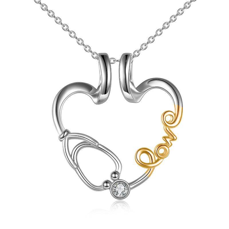 Sterling Silver Two-tone Cubic Zirconia Heart & Ring Holder & Stethoscope Pendant Necklace with Engraved Word-1