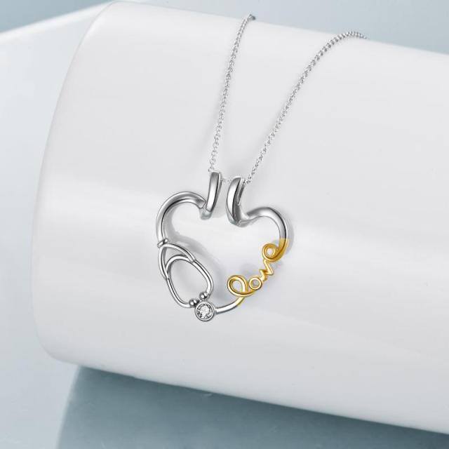 Sterling Silver Two-tone Cubic Zirconia Heart & Ring Holder & Stethoscope Pendant Necklace with Engraved Word-4