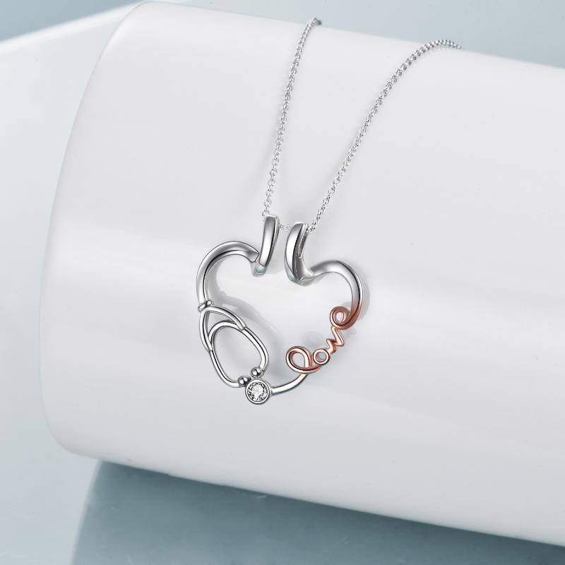 Collana con ciondolo a forma di cuore con elettrocardiogramma bicolore in argento sterling, con incisione per donna-3