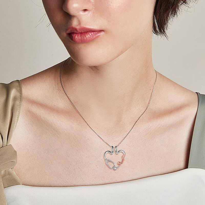 Collana con ciondolo a forma di cuore con elettrocardiogramma bicolore in argento sterling, con incisione per donna-2