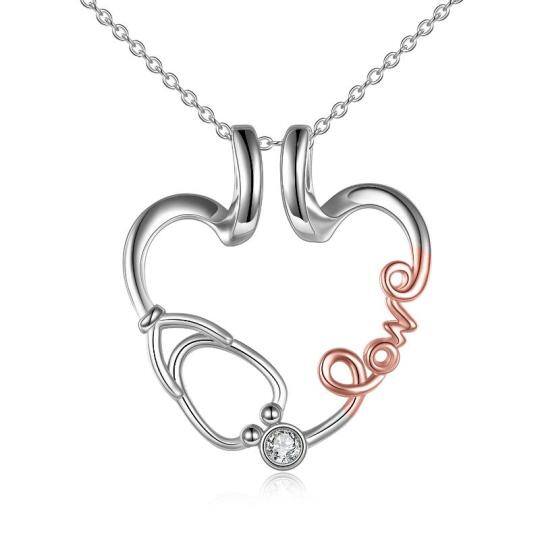 Sterling Silver Two-tone Cubic Zirconia Heart & Ring Holder & Stethoscope Pendant Necklace with Engraved Word