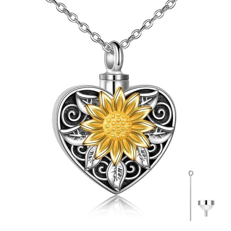 Sterling Silver Vintage Oxidized Sunflower & Heart Urn Necklace for Ashes-1