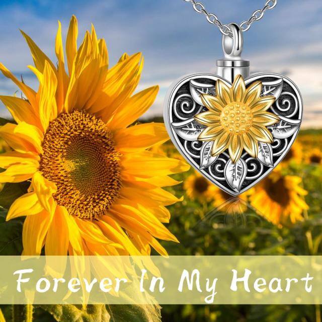 Sterling Silver Vintage Oxidized Sunflower & Heart Urn Necklace for Ashes-2